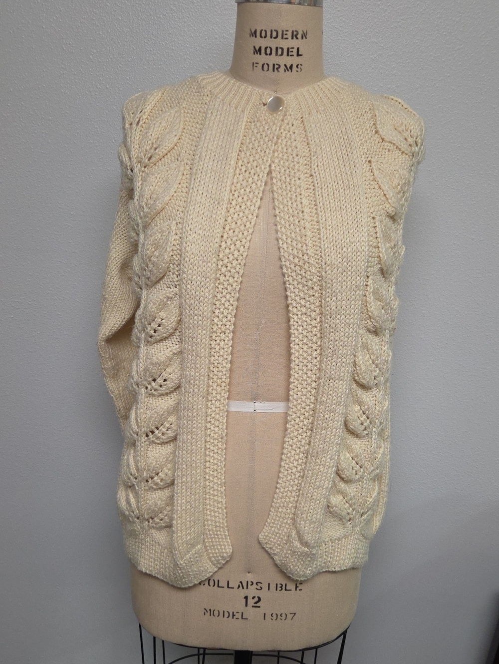 Ivory Cable-Back Open Cardigan with Button Neck